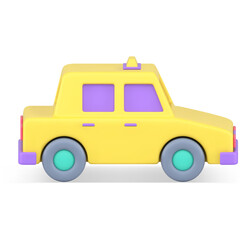 Yellow Cartoon Car with Purple Windows and Teal Wheels Isolated on White Background Studio Lighting Fun Transportation Concept
