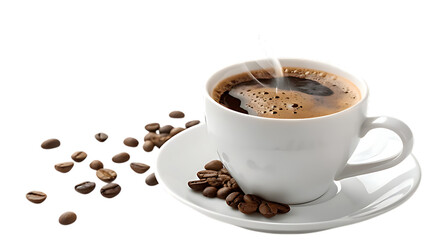 Obraz premium Hot Coffee In White Cup With Roasted Beans And Steam Isolated On Transparent Background