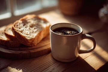photo of close-up coffee cup and sliced bread on wooden table, warm tone and calm light