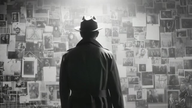 A detective reviews various photographs and clues on a wall while standing in a dark, moody setting