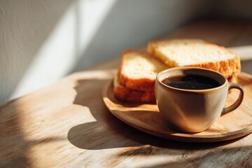photo of close-up coffee cup and sliced bread on wooden table, warm tone and calm light