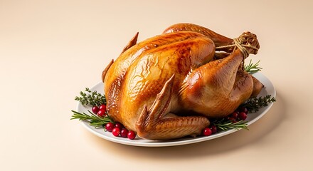 Delicious and golden roasted turkey garnished with fresh cranberries and herbs ready for