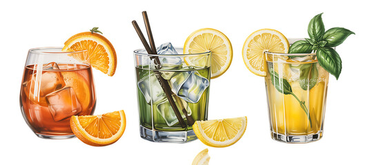 Refreshing Cocktails With Fruit Garnish And Ice Isolated On Transparent Background