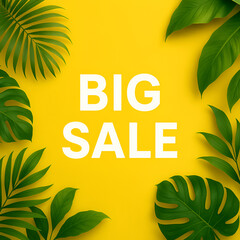 Big Sale Tropical Banner on Bright Yellow Background: Summer Discount Promotion with Palm and Monstera Leaves