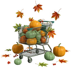 Shopping Cart Overflowing With Autumn Pumpkins And Fall Leaves Isolated On Transparent Background