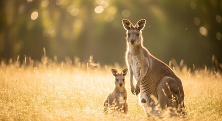 Mother kangaroo and joey stand together in golden sunlight of australian outback