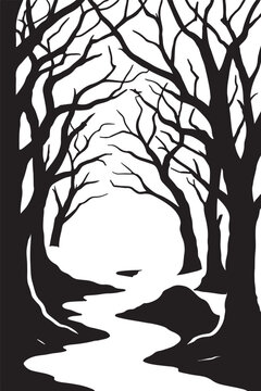 a spooky haunted forest path with bare trees and fog silhouette vector