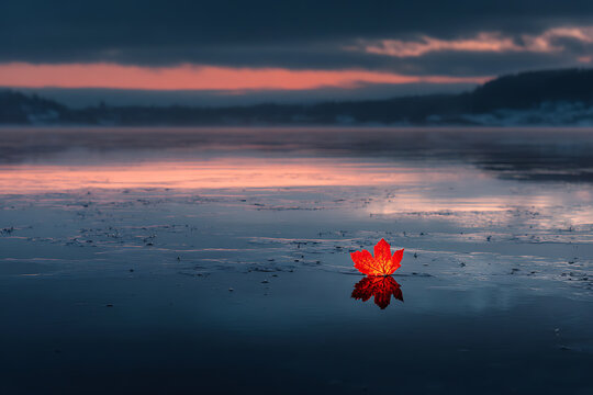 Red leaf floating on water at sunset landscape wallpaper nature background scenic view photography