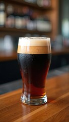 Glass of dark beer with white foam stands on wooden table. Drink includes two layers. Blurred shelf with bottles is at background in bar. Refreshing cool crafted beer.