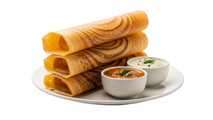 Crispy Masala Dosa with Sambar and Coconut Chutney on White Plate