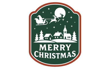 Obraz premium Retro christmas badge with santa sleigh over village scene