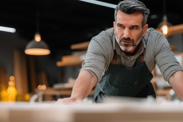 Fototapeta premium Carpenter working with wooden board in modern workshop. Custom furniture making, woodworking and wood decoration. Professional carpentry and woodworking. Production of engineered wood and parquet.