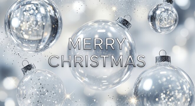 Silver christmas ornaments with merry christmas text overlayed
