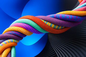 Vibrant intertwined ropes dynamic 3D abstract concept of strength and unity