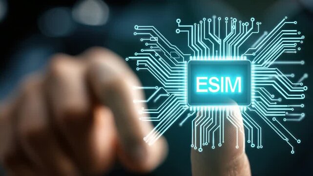 A finger touches a glowing circuit board with "ESIM" on it, suggesting digital technology - Powered by Adobe