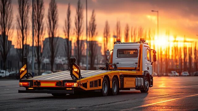 A flatbed tow truck stands on a paved surface at sunset. Background features buildings and trees