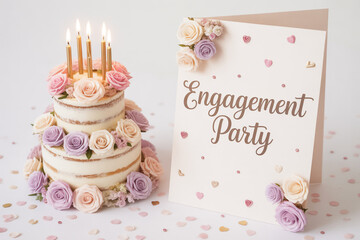 Celebrate love's journey with a stunning engagement party cake adorned with delicate roses and a chic invitation announcing the joyous occasion.