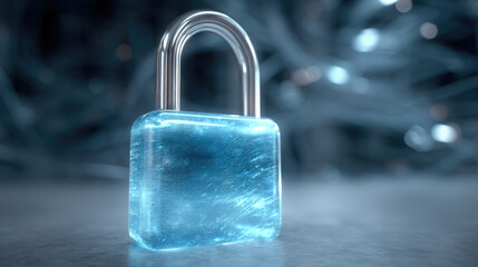 Fototapeta premium Translucent glowing padlock security concept, futuristic lock, cyber protection, digital safety, blue light, technology background