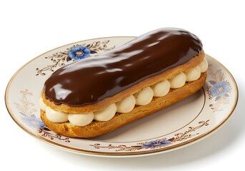 Delicious chocolate eclair on decorative plate for culinary and dessert concepts