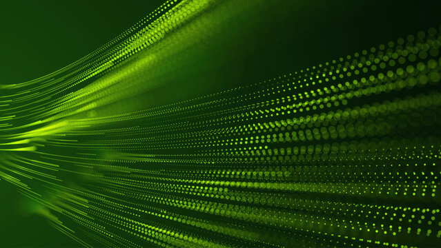 Green Energy Abstract Tech Background with Flowing Dots Futuristic Grid. Sustainable Innovation Eco Clean Energy Technology Concept. Vector Illustration.