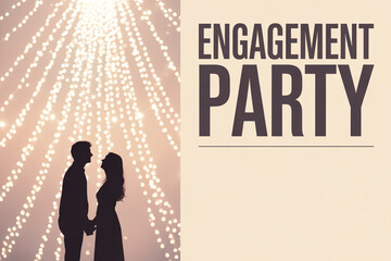 Romantic couple holding hands under magical bokeh lights celebrating their engagement party with elegant text overlay for invitations and decor