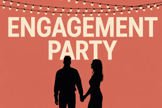 Joyful couple silhouetted holding hands beneath festive string lights celebrating their engagement party with bold text