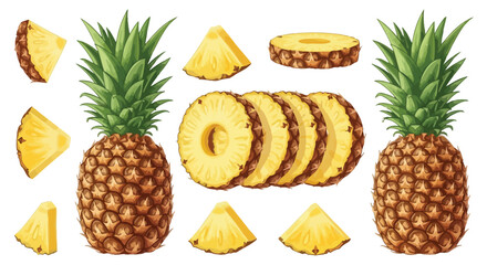 A collection of whole pineapples and sliced pineapple pieces, presented on a white background.