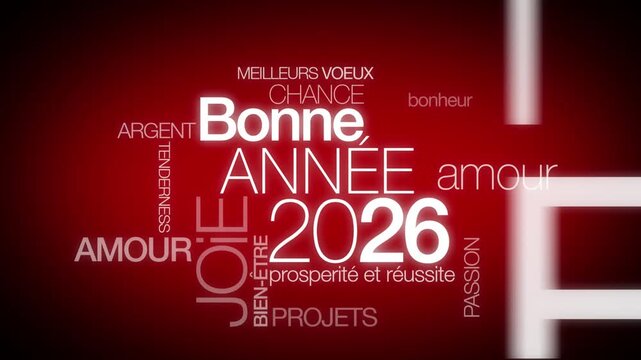 Bonne Ann&eacute;e 2026 v&oelig;ux nuage de mots animation texte jour de l'an voeux	