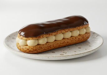 Delicious chocolate eclair pastry on a white plate against a clean background