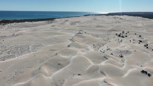 Aerial view of sweeping dunes meeting the turquoise sea, a stark contrast of textures and tones under the sun, Beacon Road, Lancelin, Western Australia, Australia.