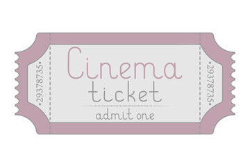 Cinema. Pink ticket admit one. Handwritten lettering in lowercase. Color vector illustration. Tear-off ticket with number. Isolated white background. Flat style. Idea for web design.