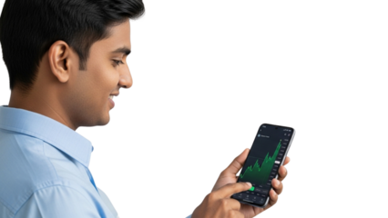 Young Indian man using mobile phone for stock trading analysis