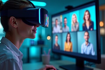 Person Wearing Virtual Reality Goggles Engaged in a Remote Video Conference Call or Webinar in Digital World