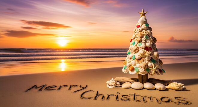 Christmas tree made of shells on a beach at sunset writing merry - Powered by Adobe