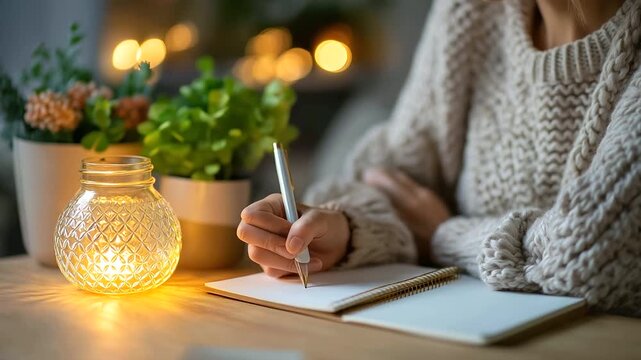 Woman journaling goals and affirmations on cozy desk with soft lamp light, gentle focus, calm evening scene, mindful writing, personal development, mental focus, gratitude journali