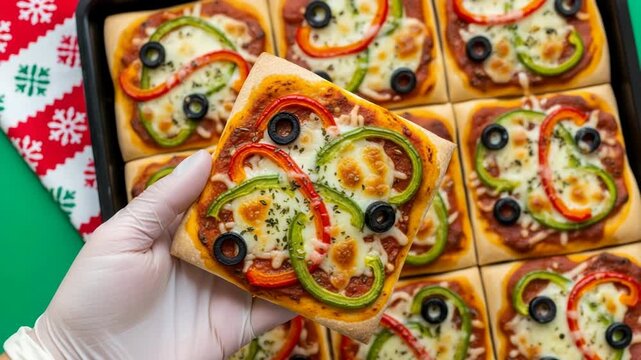 Hand holding a square mini pizza with toppings