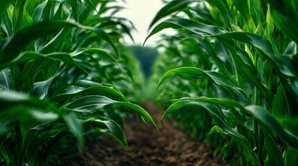 Fototapeta premium Lush Green Cornfield Rows with Vibrant Leaves Under Soft Daylight Displaying Nature's Beauty and Agricultural Abundance in a Serene Environment