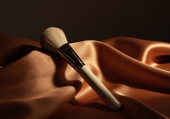 Makeup brush resting on flowing silk cloth with dramatic studio lighting