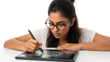 Young Woman Drawing on Digital Tablet with Stylus Pen