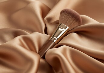 Makeup brush resting on elegant silk fabric display for beauty concept
