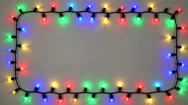 Colorful holiday lights twinkling on a string create festive frame