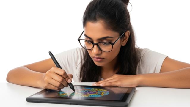 Young Woman Drawing on Digital Tablet with Stylus Pen