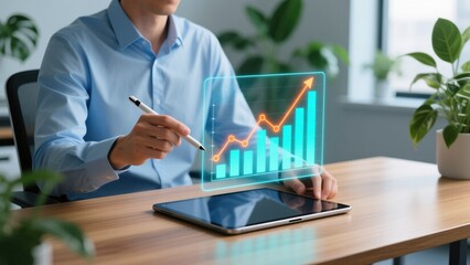 Professional man holding stylus pointing analyzing digital financial charts on tablet, business success, strong leadership