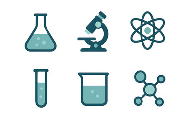 Plakat Science icons collection: microscopes, beakers, and atomic symbols in flat design