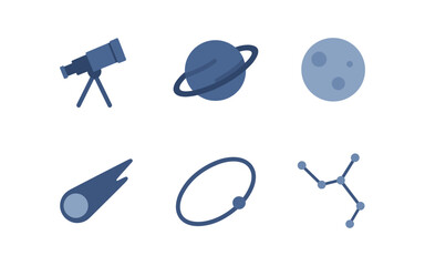 Minimalist celestial icons set featuring telescope, saturn, moon, comet, orbit, and constellation in monochrome design