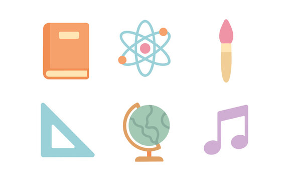Educational flat icons: book, atom, paintbrush, ruler, globe, music note
