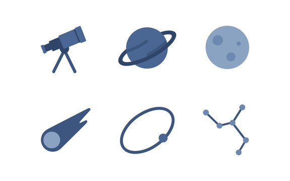 Minimalist celestial icons set featuring telescope, saturn, moon, comet, orbit, and constellation in monochrome design