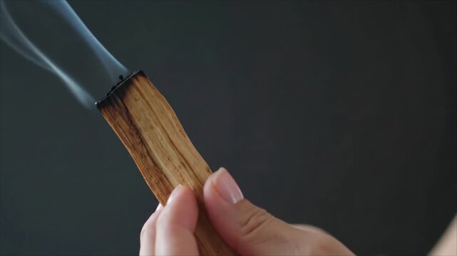 Hand holding a smoking palo santo stick against a dark gray background, smoky aroma