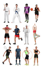 Sport activities. Different people in sportswear on white background, collage