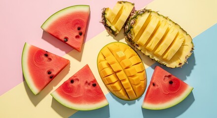Colorful tropical fruit composition featuring watermelon pineapple and mango slices on a vibrant